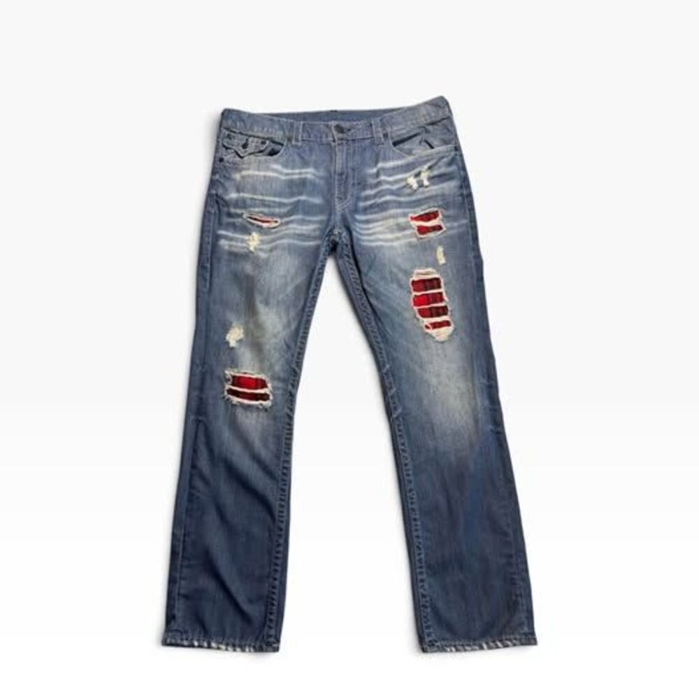 True Religion Ricky Straight Leg Jeans Size 40 with Plaid Patches